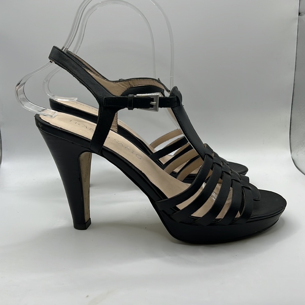 Franco Sarto Martin Heels Sandals Caged Gladiator Black Leather Womens Size 7m